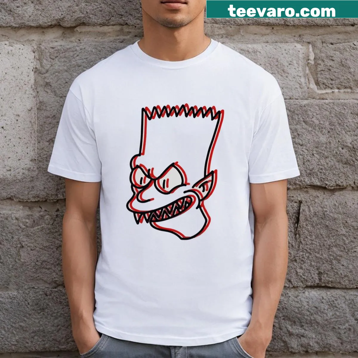 Humorous T-shirt with a trippy cartoon design of Bart — on a men's t-shirt