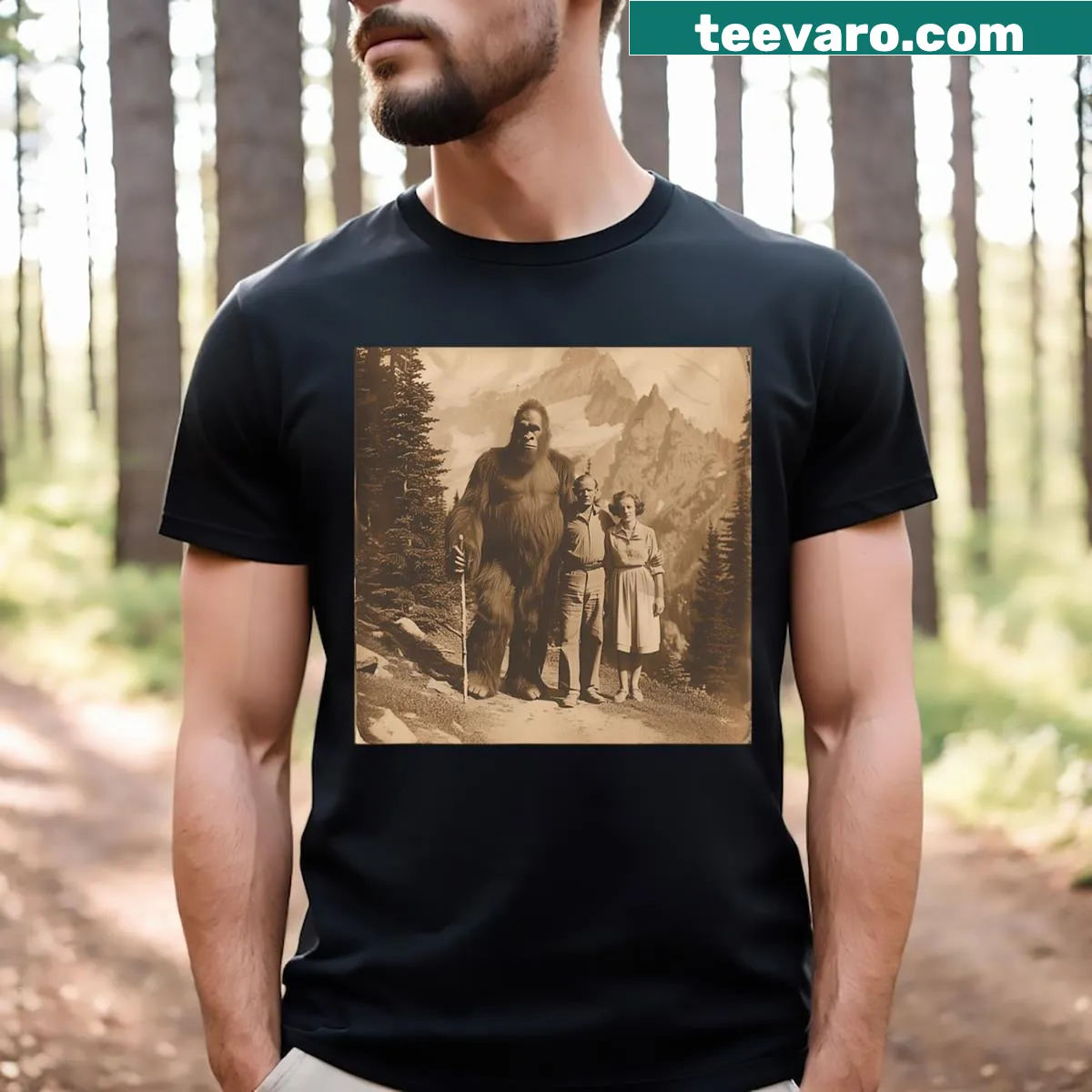 Vintage-style Bigfoot hiking graphic t-shirt for Sasquatch fans — on a men's t-shirt