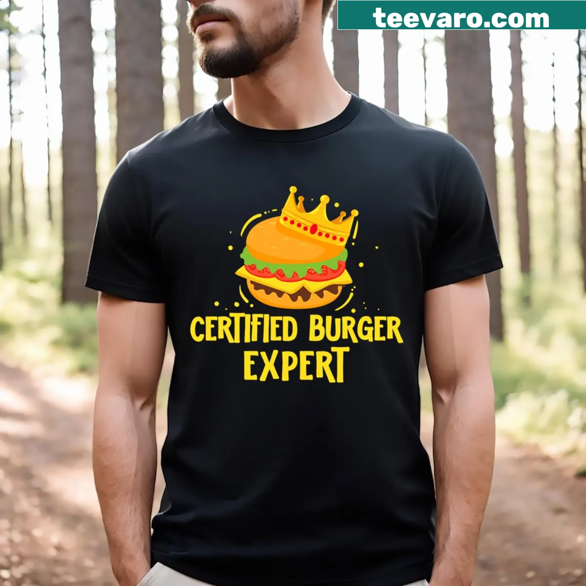 Funny burger lover t-shirt with 'Certified Burger Expert' graphic. — on a men's t-shirt