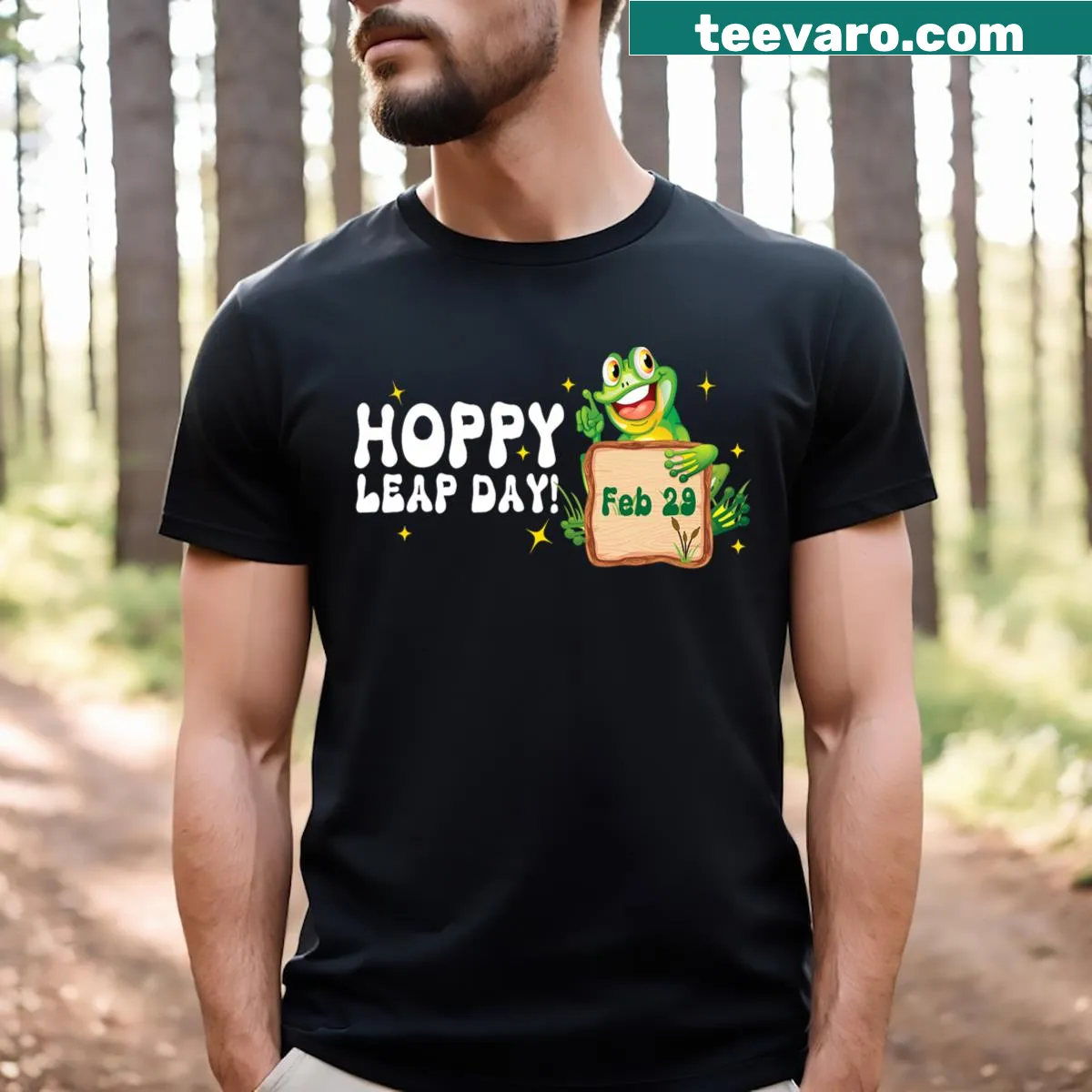 Cartoon frog design celebrating Leap Day birthday. — on a men's t-shirt