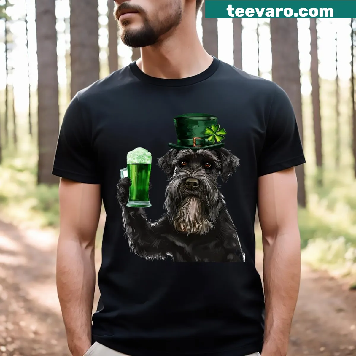 Funny Giant Schnauzer t-shirt with Brew Woof slogan and Irish theme — on a men's t-shirt