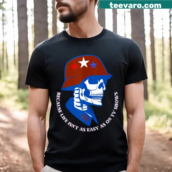 Thought-provoking t-shirt with a graphic about life's complexities versus TV shows.