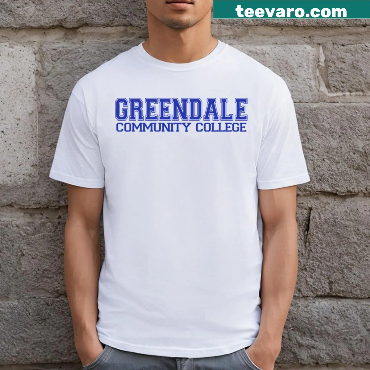 Greendale College T-shirt in collegiate font — on a men's t-shirt