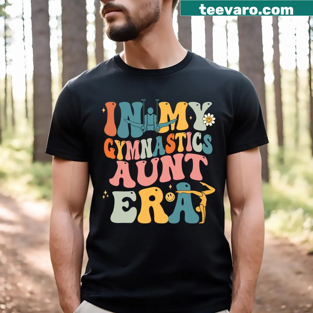 Playful gymnastics-themed matching family t-shirt for aunts. — on a men's t-shirt