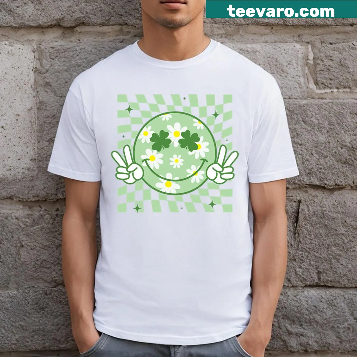 Cartoon shamrock with a smile on St. Patrick's Day T-shirt — on a men's t-shirt