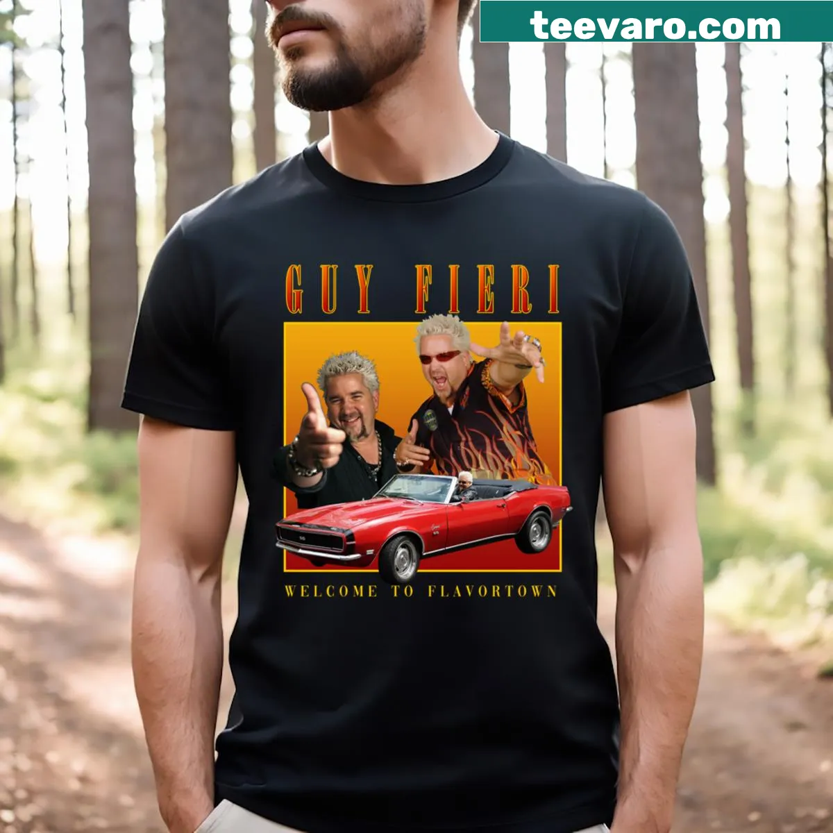 T-shirt paying homage to Guy Fieri with playful graphic design. — on a men's t-shirt