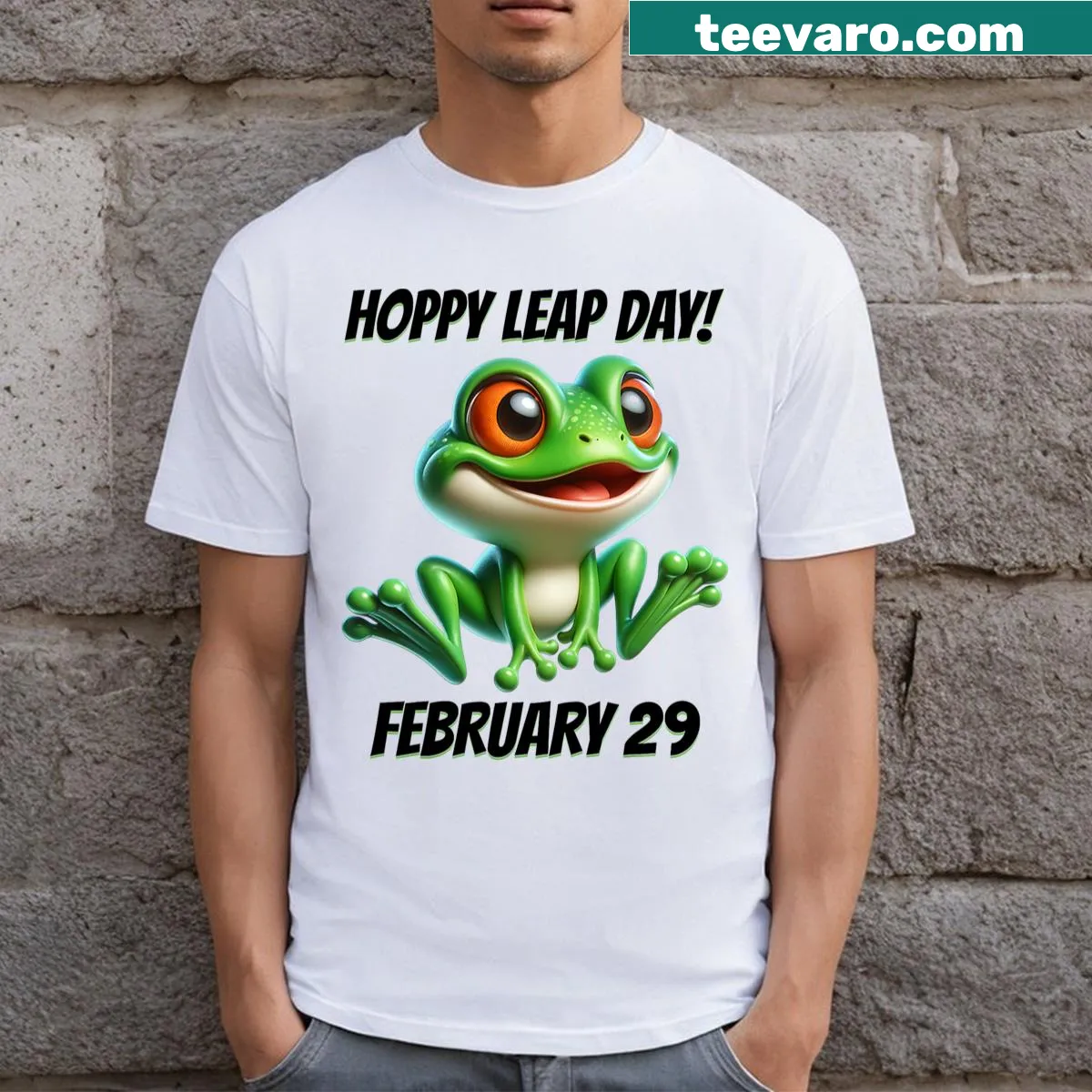 Leap Day t-shirt for frog lovers with humorous frog graphic — on a men's t-shirt