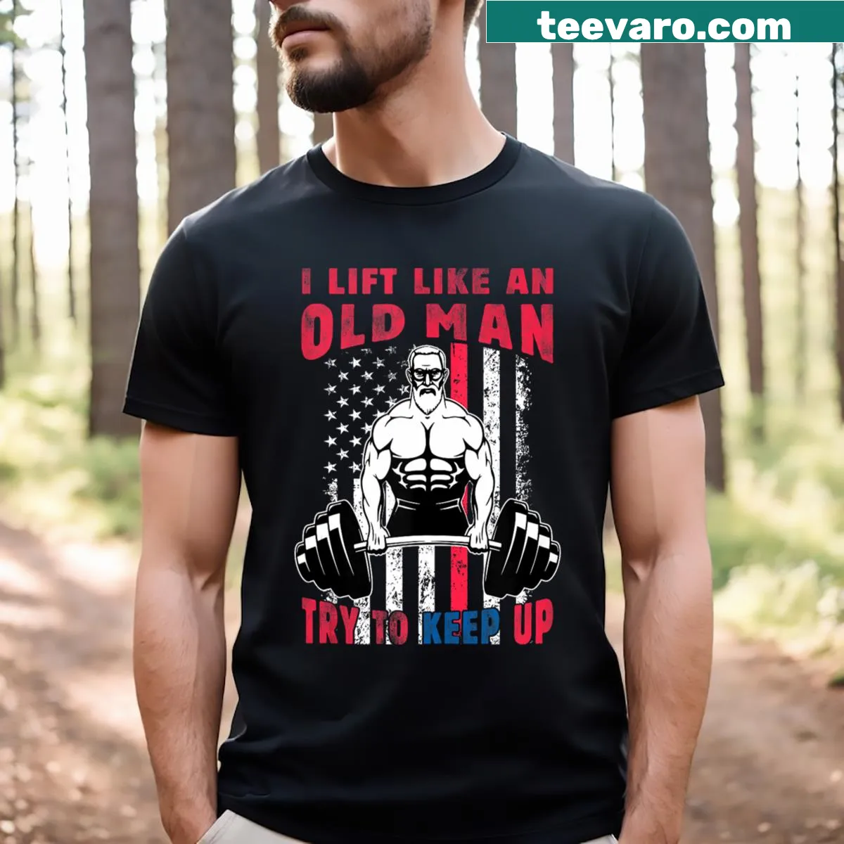 Funny lifting t-shirt with a playful phrase and American flag design — on a men's t-shirt