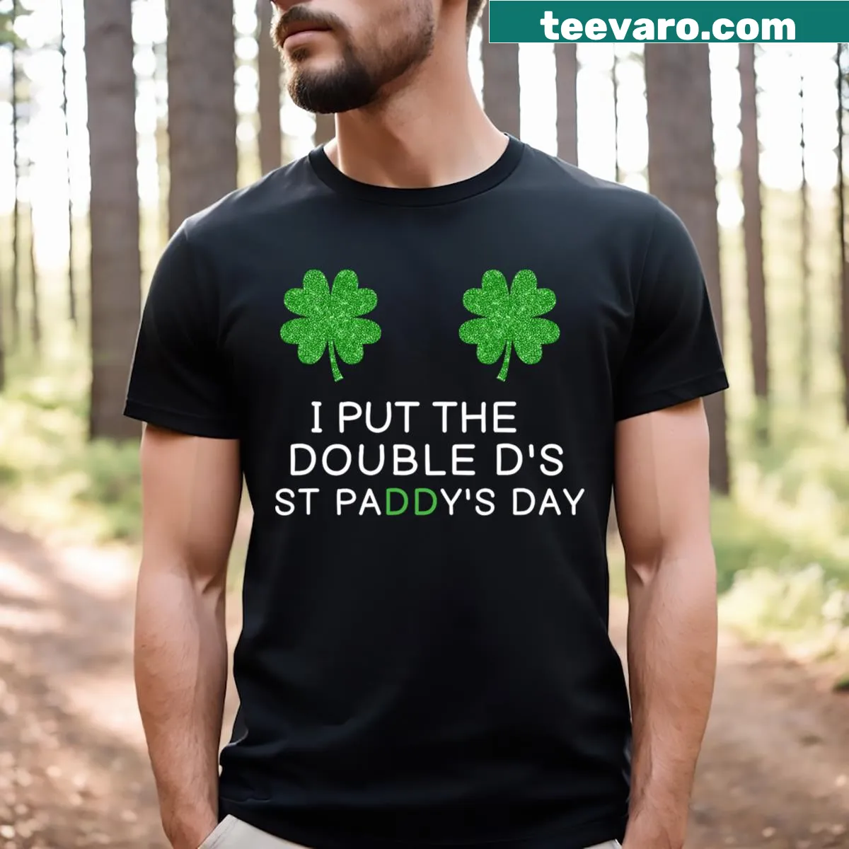 Funny St. Paddy's Day t-shirt with shamrock and humor text design — on a men's t-shirt