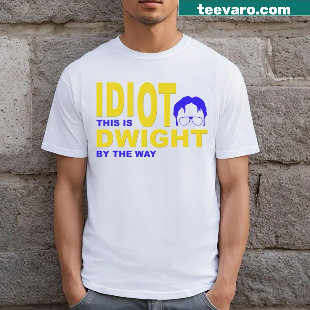 Humorous T-shirt featuring 'Idiot Dwight' text — on a men's t-shirt
