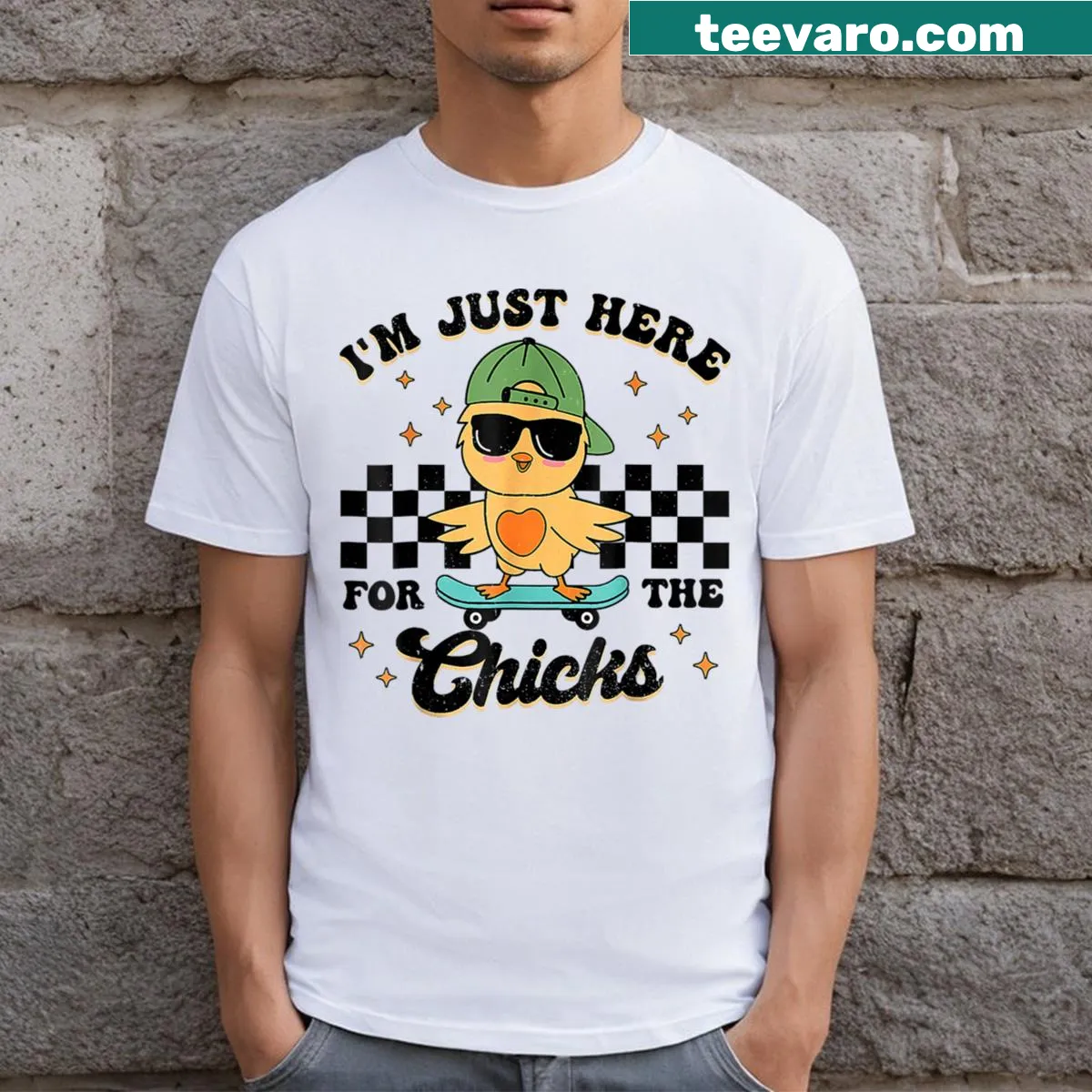 Cute toddler Easter T-shirt with the phrase 'I'm Just Here For The Chicks' — on a men's t-shirt