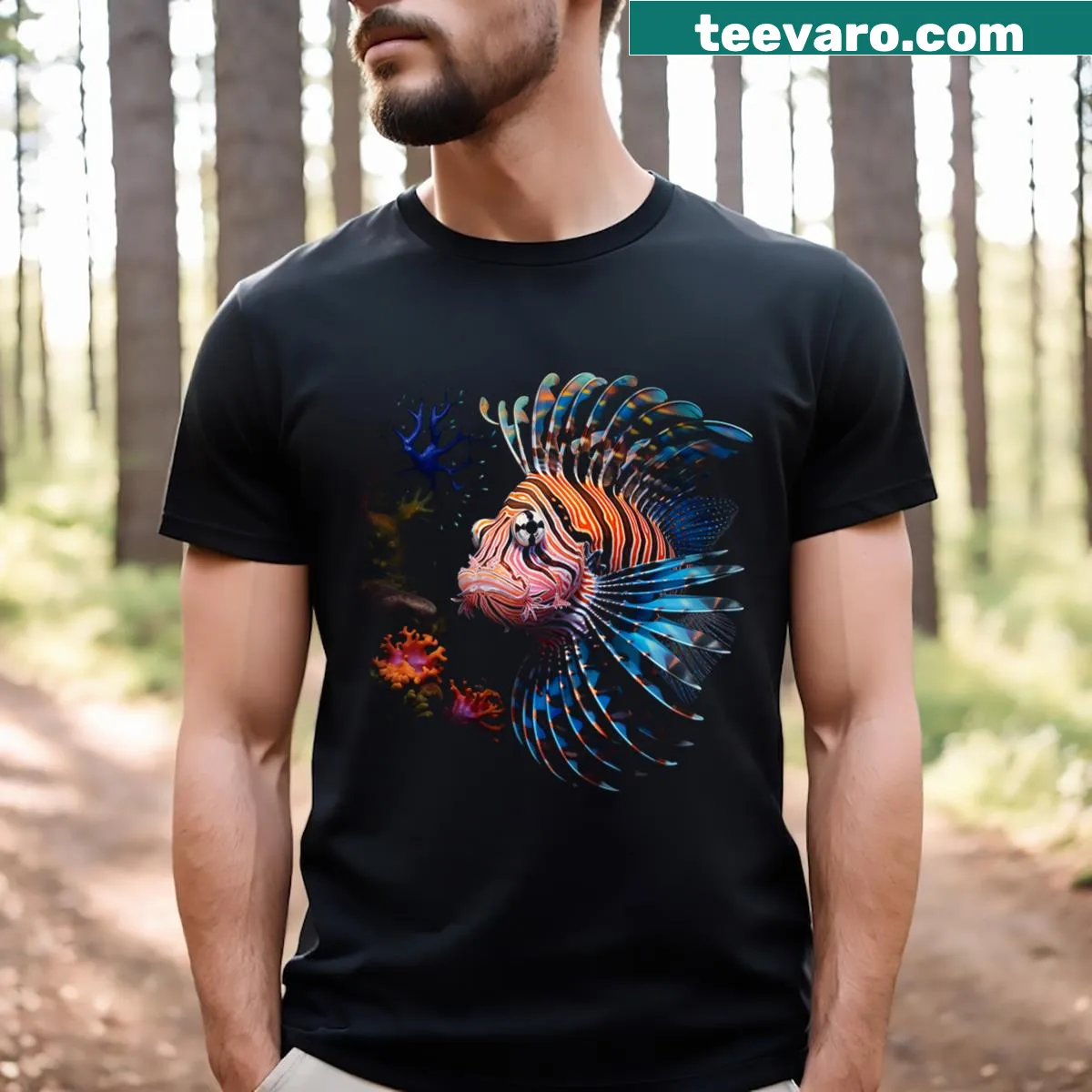 Artistic portrait of a lionfish on a T-shirt — on a men's t-shirt