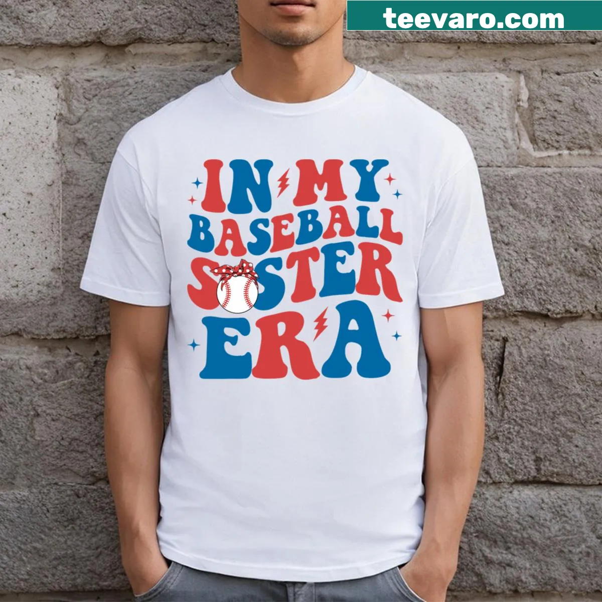 Retro baseball-themed t-shirt for sisters with playful design — on a men's t-shirt