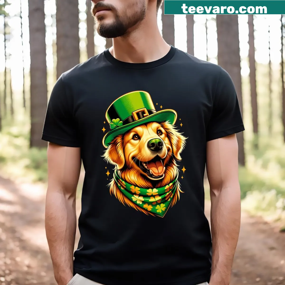 Golden Retriever wearing an Irish hat for St. Patrick's Day — on a men's t-shirt