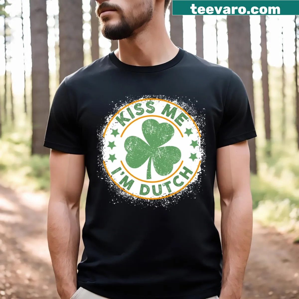 Funny St. Patrick's Day T-shirt with 'Kiss Me I'm Dutch' text — on a men's t-shirt