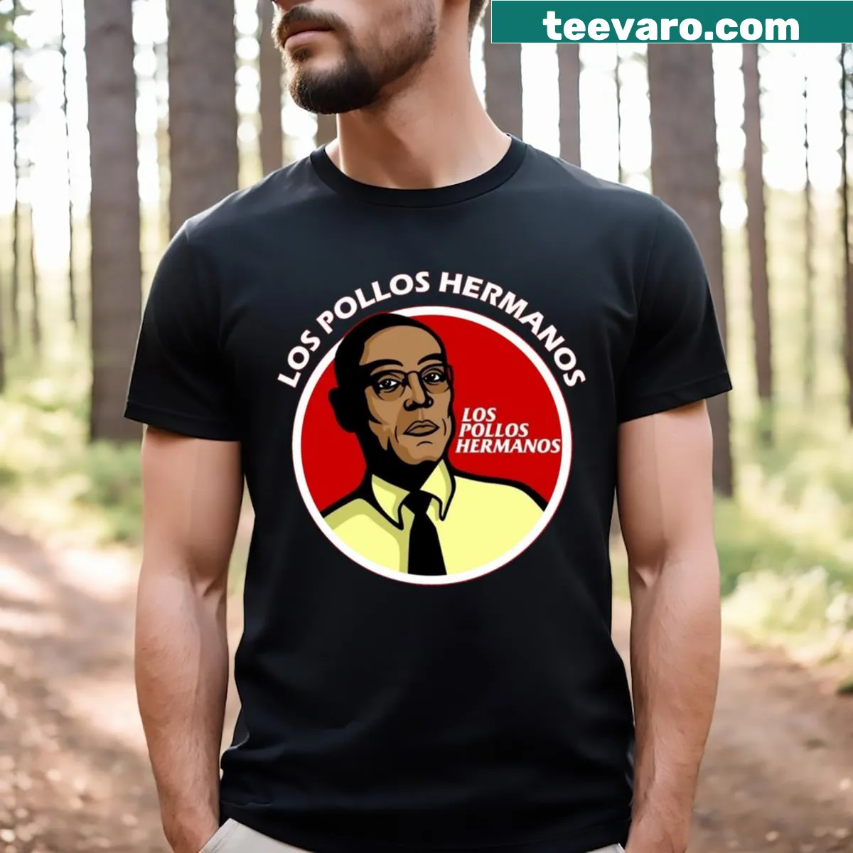 T-shirt featuring the Los Pollos Hermanos logo design — on a men's t-shirt