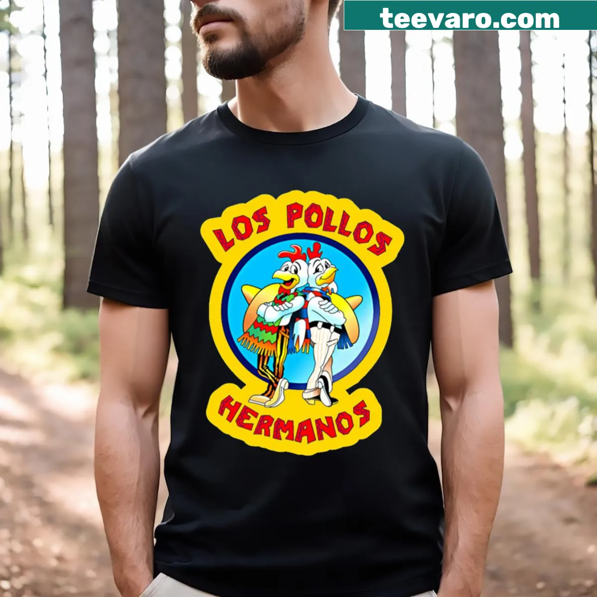 T-shirt featuring the Los Pollos Hermanos logo — on a men's t-shirt