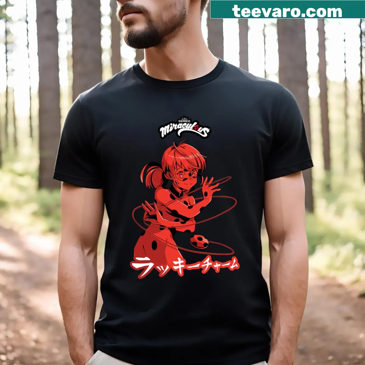 T-shirt featuring a cute Miraculous Ladybug lucky charm illustration — on a men's t-shirt