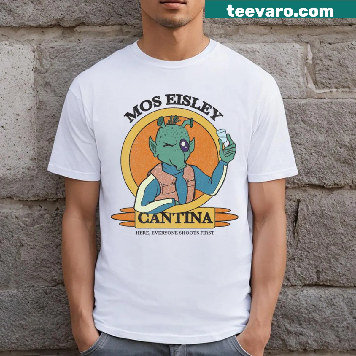 T-shirt featuring illustrations of Mos Eisley Cantina from Star Wars — on a men's t-shirt