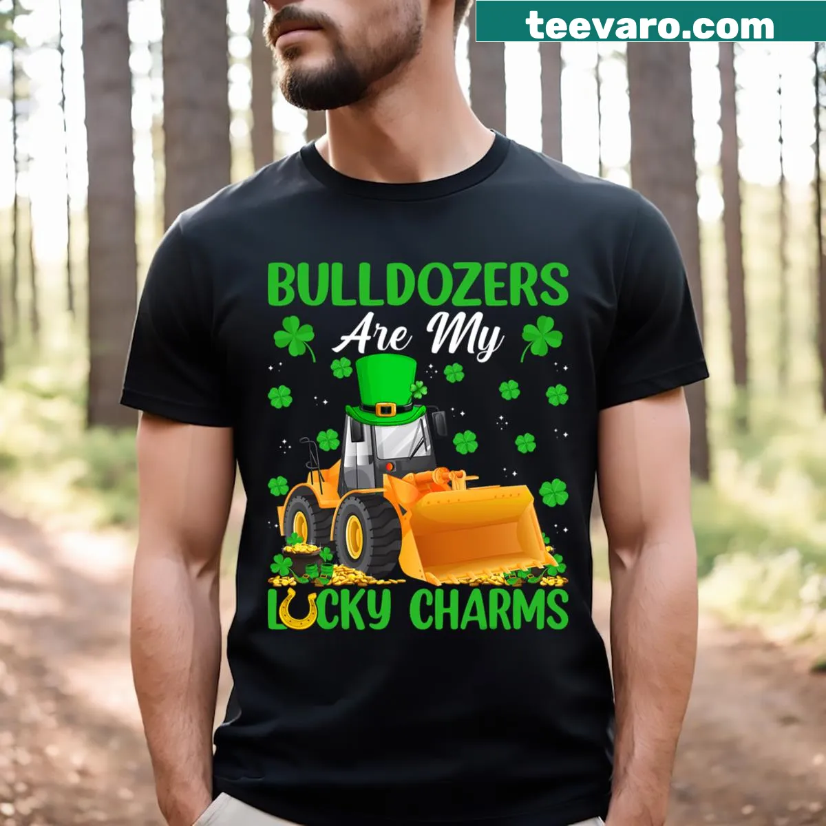 Whimsical My Bulldozers Are My Lucky Charms t-shirt for kids on St. Patrick's Day. — on a men's t-shirt