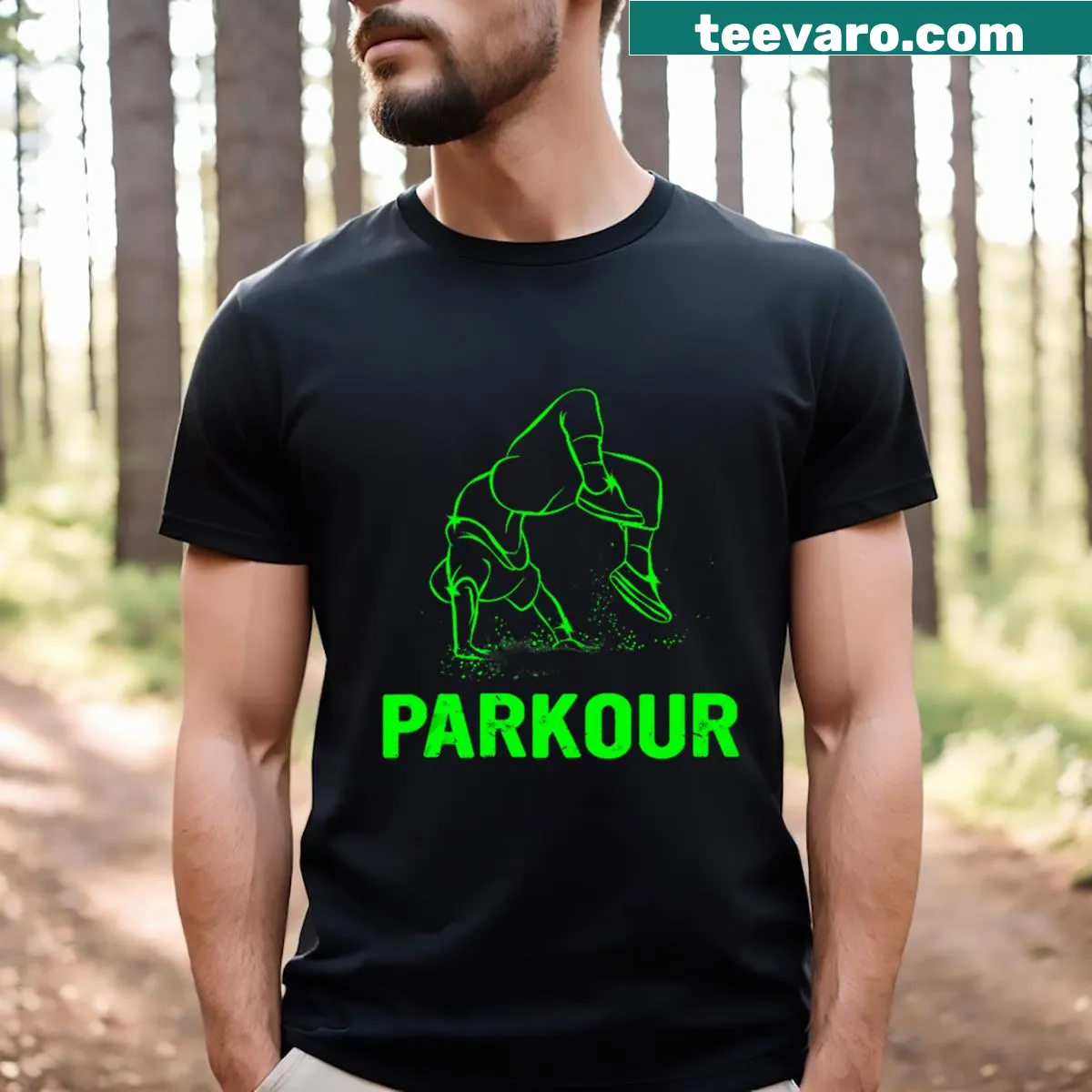 Parkour-themed t-shirt with dynamic typography design — on a men's t-shirt