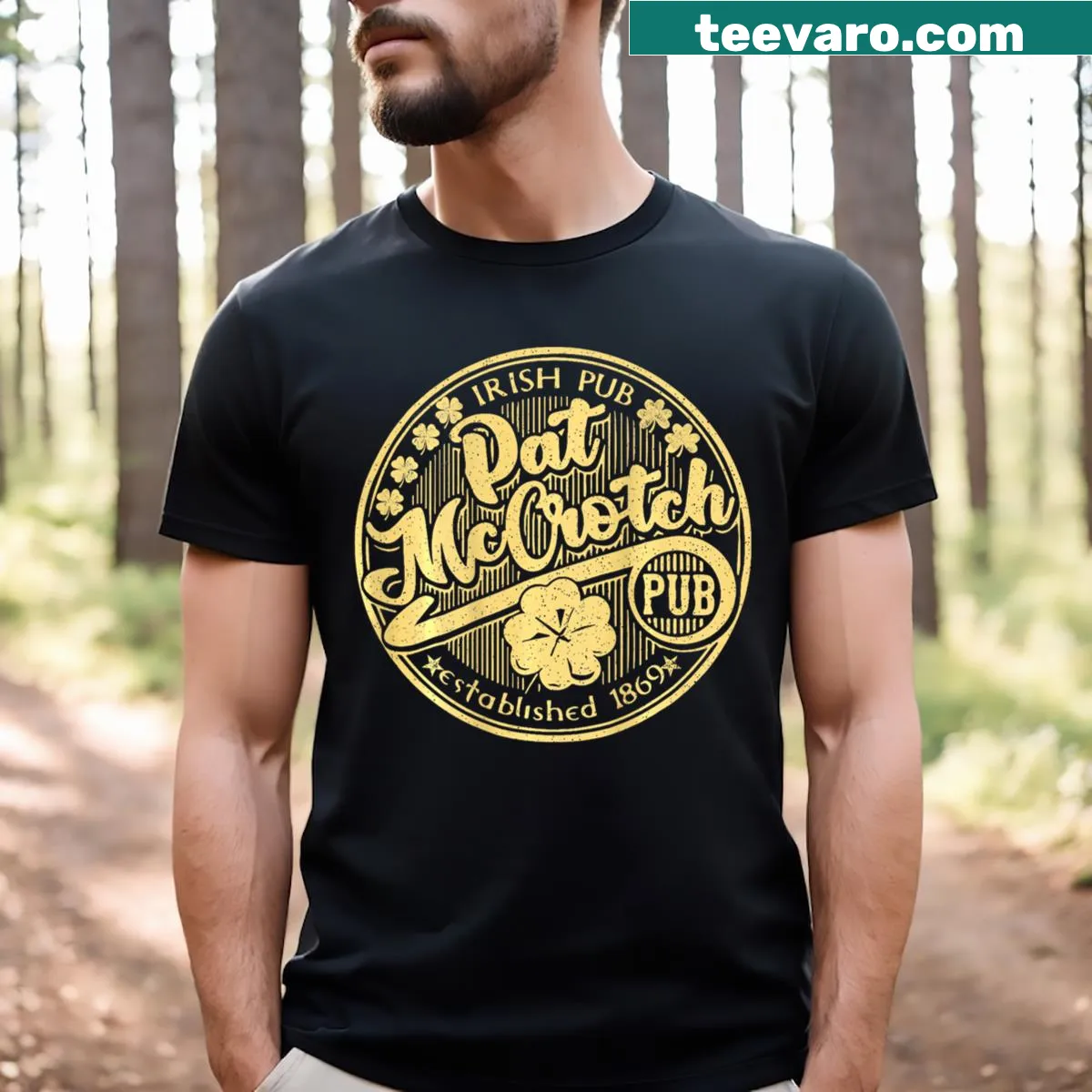 Funny St. Patrick's Day shirt with humorous pub name graphic — on a men's t-shirt
