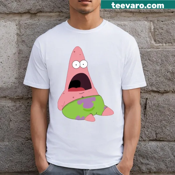 Illustrated Patrick Star gasping design on T-shirt