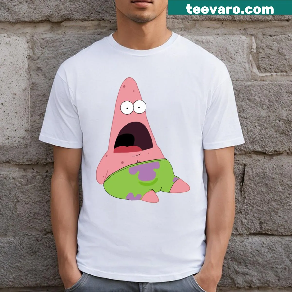 Illustrated Patrick Star gasping design on T-shirt — on a men's t-shirt