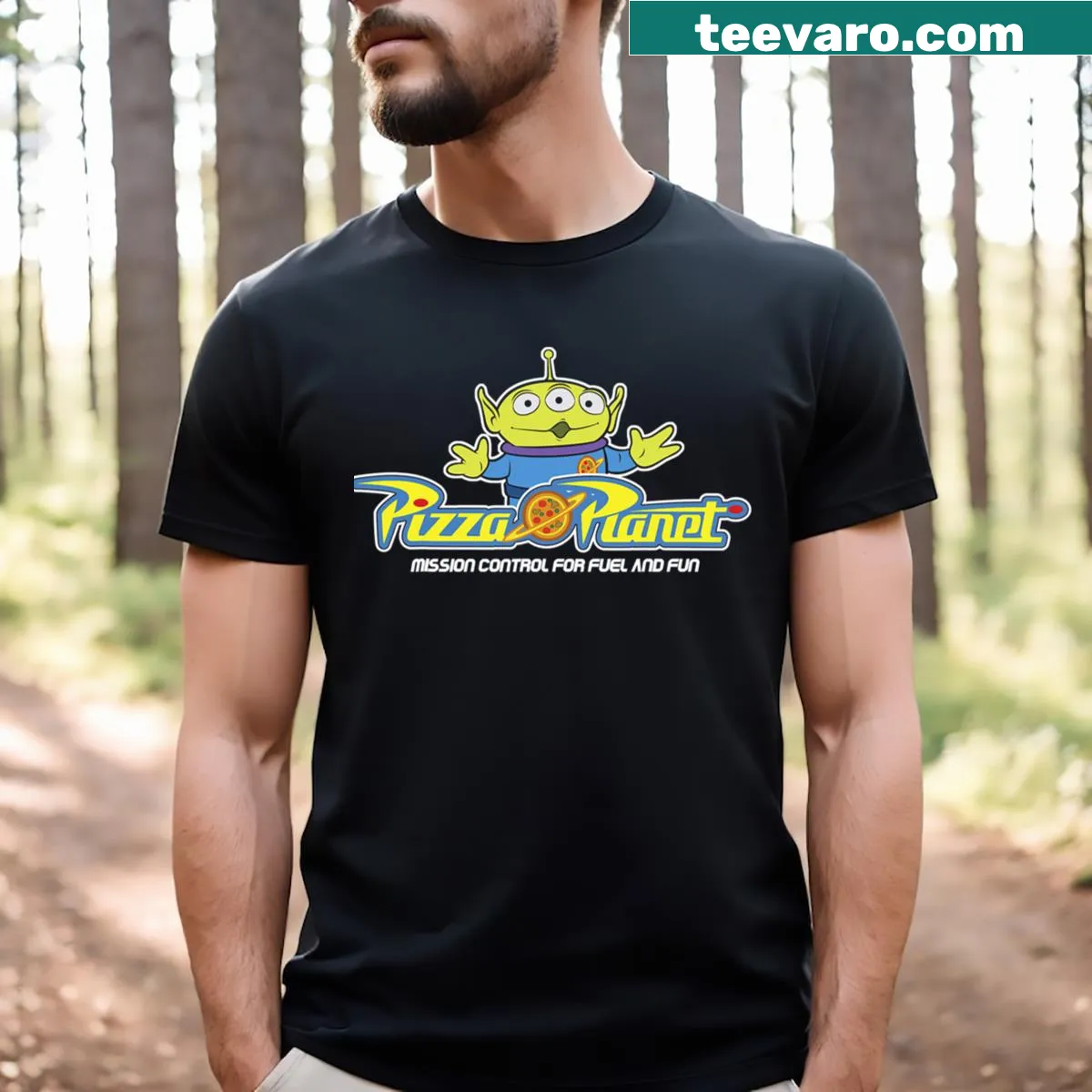 Pizza Planet T-shirt with a checkered design and logo — on a men's t-shirt