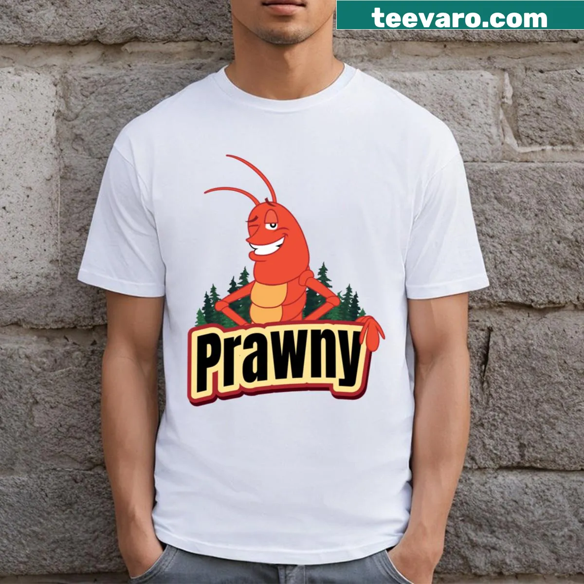 Cartoon prawn graphic on a paper towel themed shirt — on a men's t-shirt