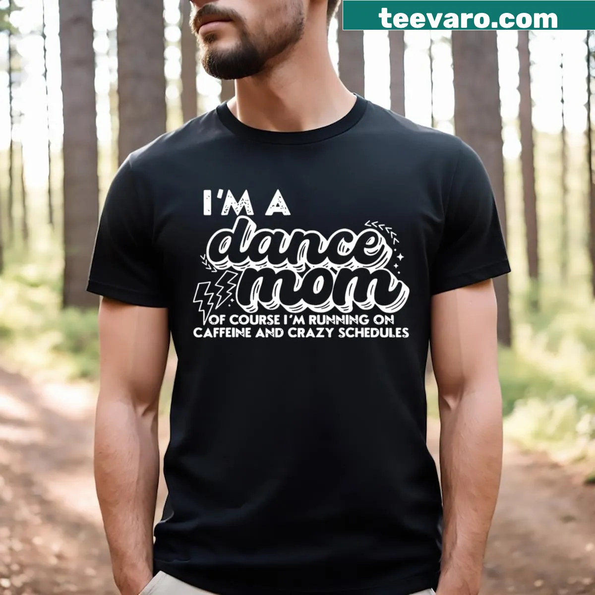 Funny retro Dance Mom t-shirt with caffeine joke design — on a men's t-shirt