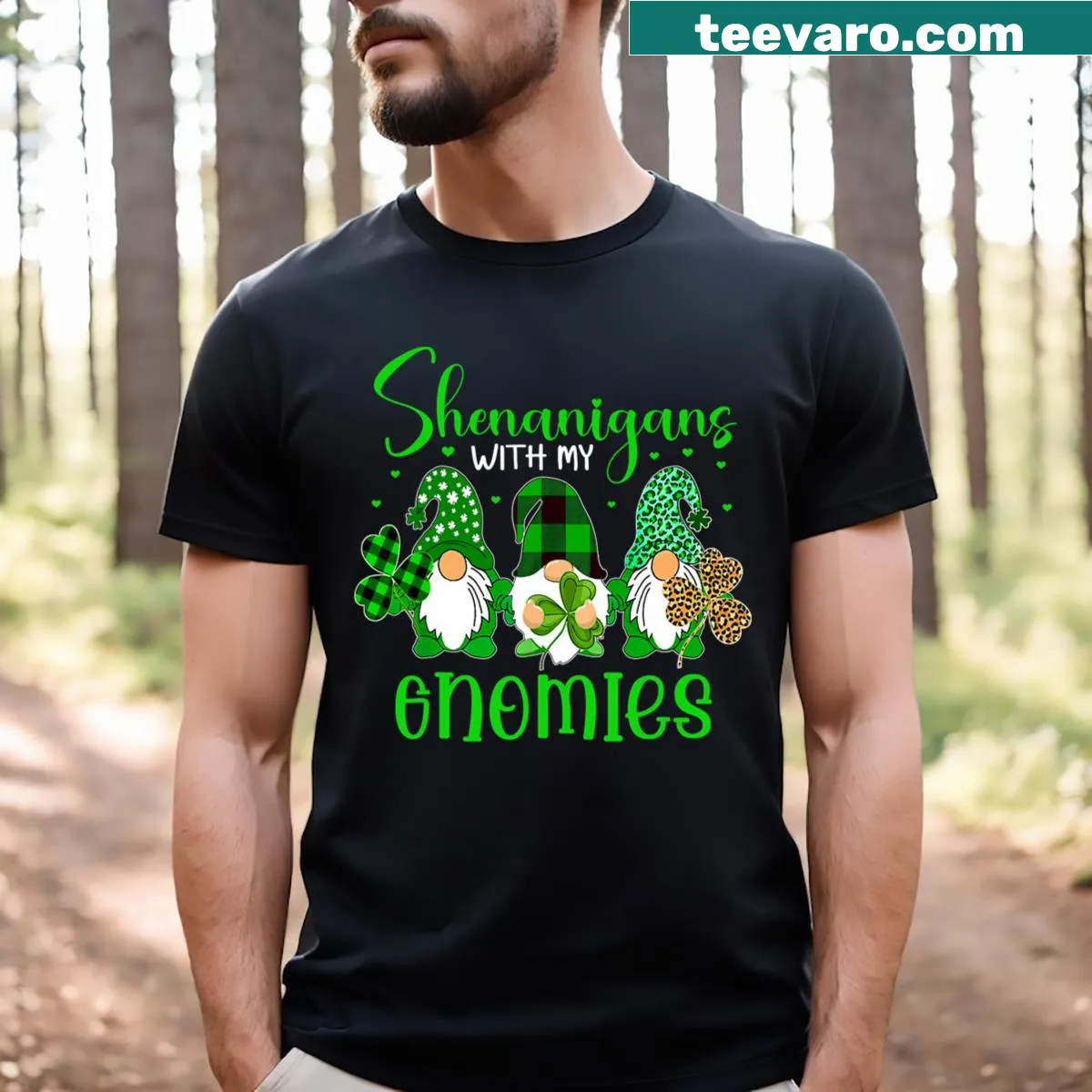 St. Patrick's Day shirt with gnomes saying 'Shenanigans With My Gnomies' — on a men's t-shirt
