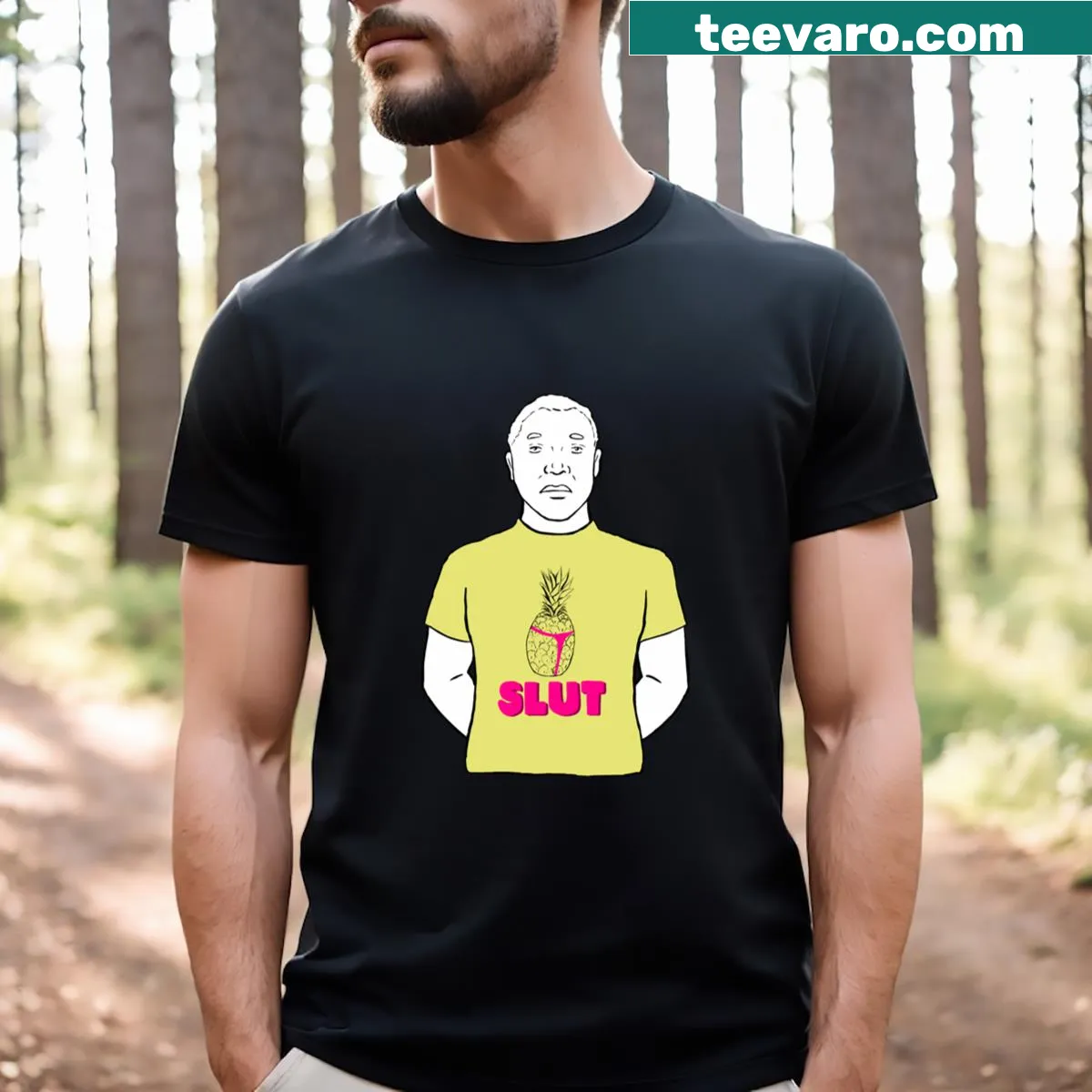 Cartoon pineapple graphic on Slt T-shirt — on a men's t-shirt