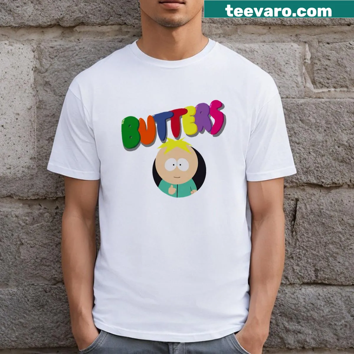 Cartoon Butters graphic on The Butters Show T-shirt — on a men's t-shirt