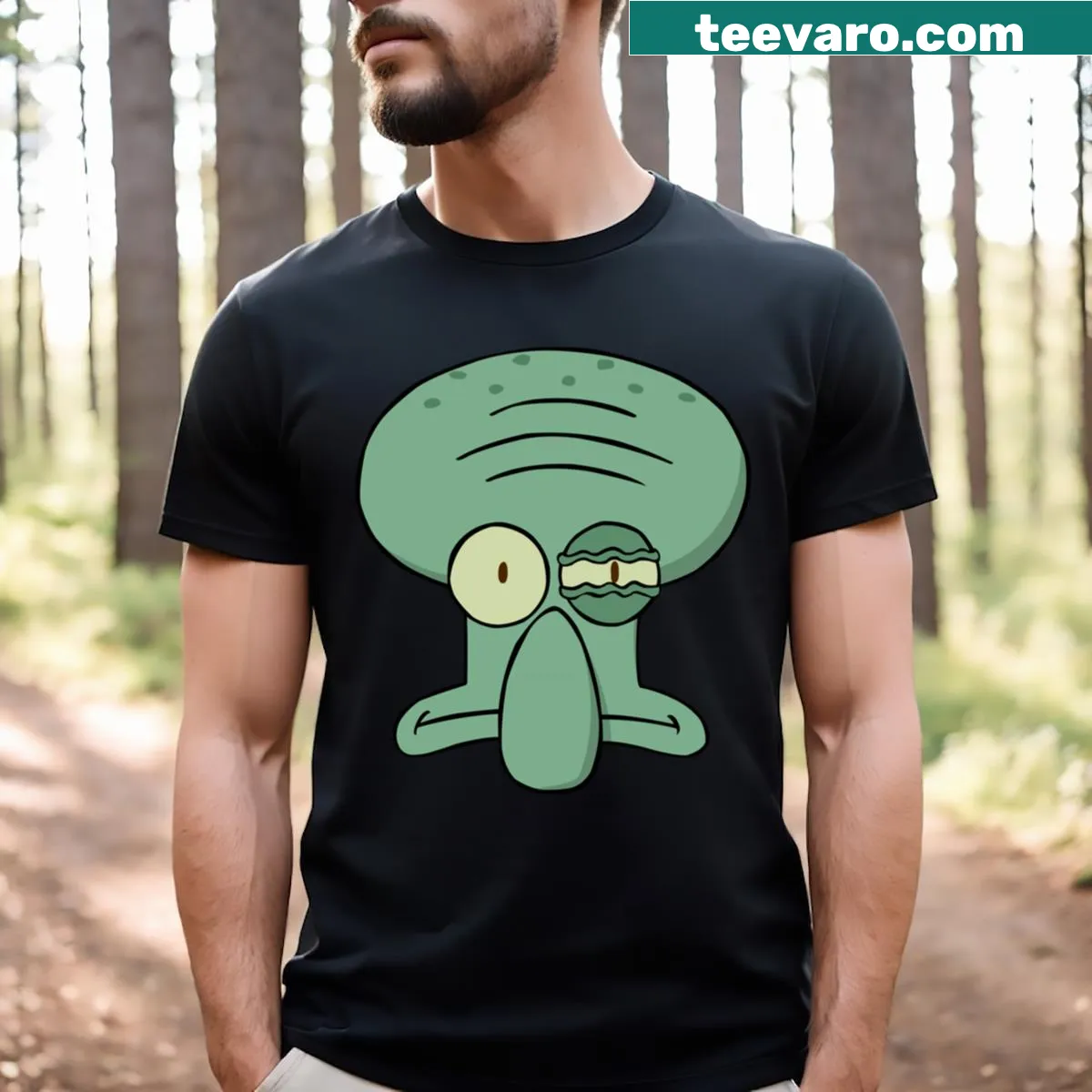 Cartoon Squidward t-shirt featuring his iconic expression — on a men's t-shirt