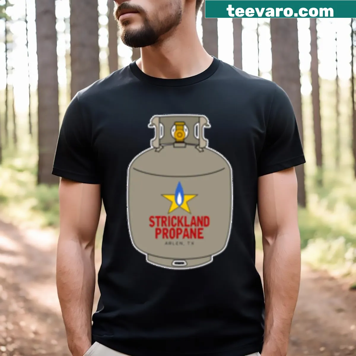 King Of The Hill Strickland Propane T-shirt with bold text — on a men's t-shirt