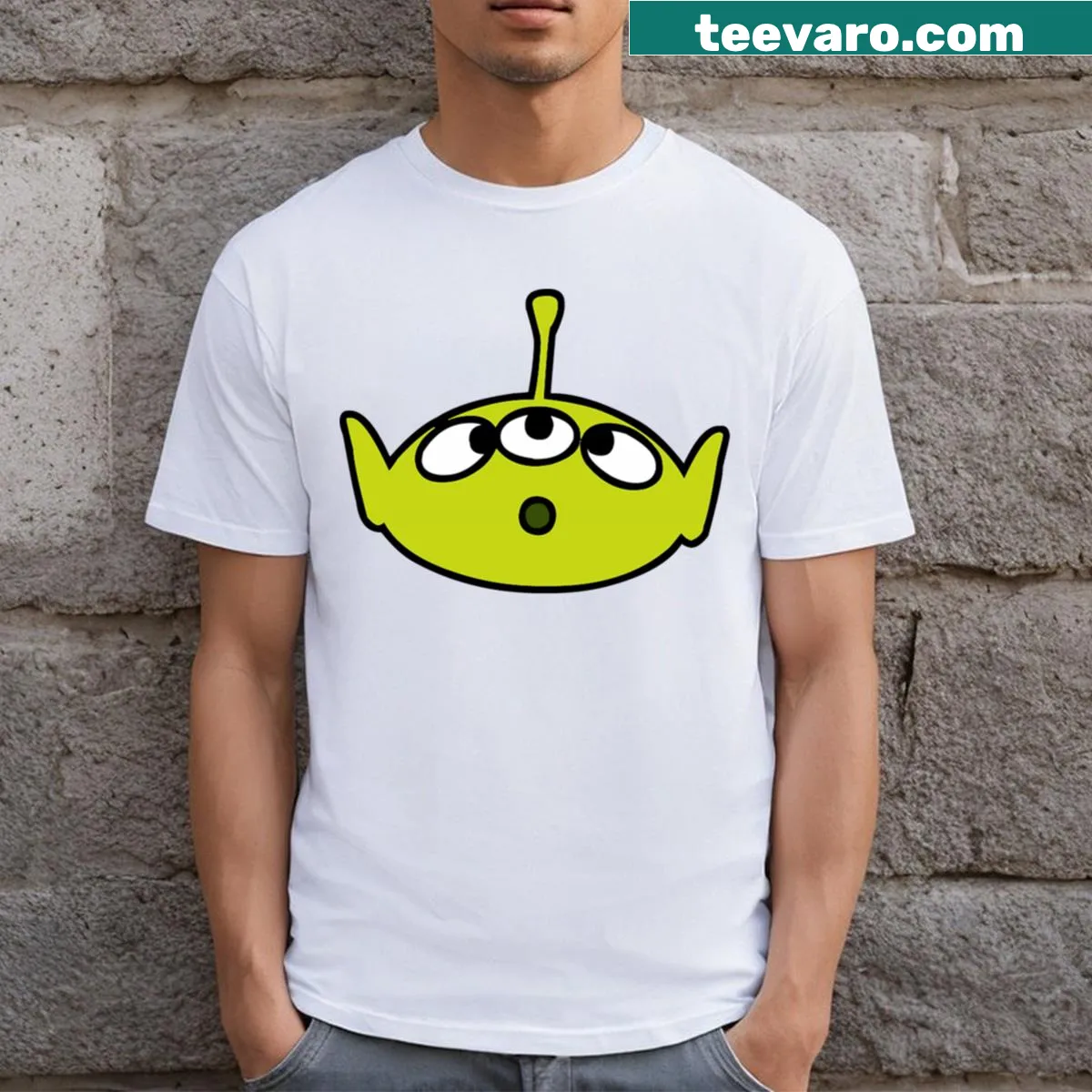 Cartoon surprised alien design on a T-shirt — on a men's t-shirt
