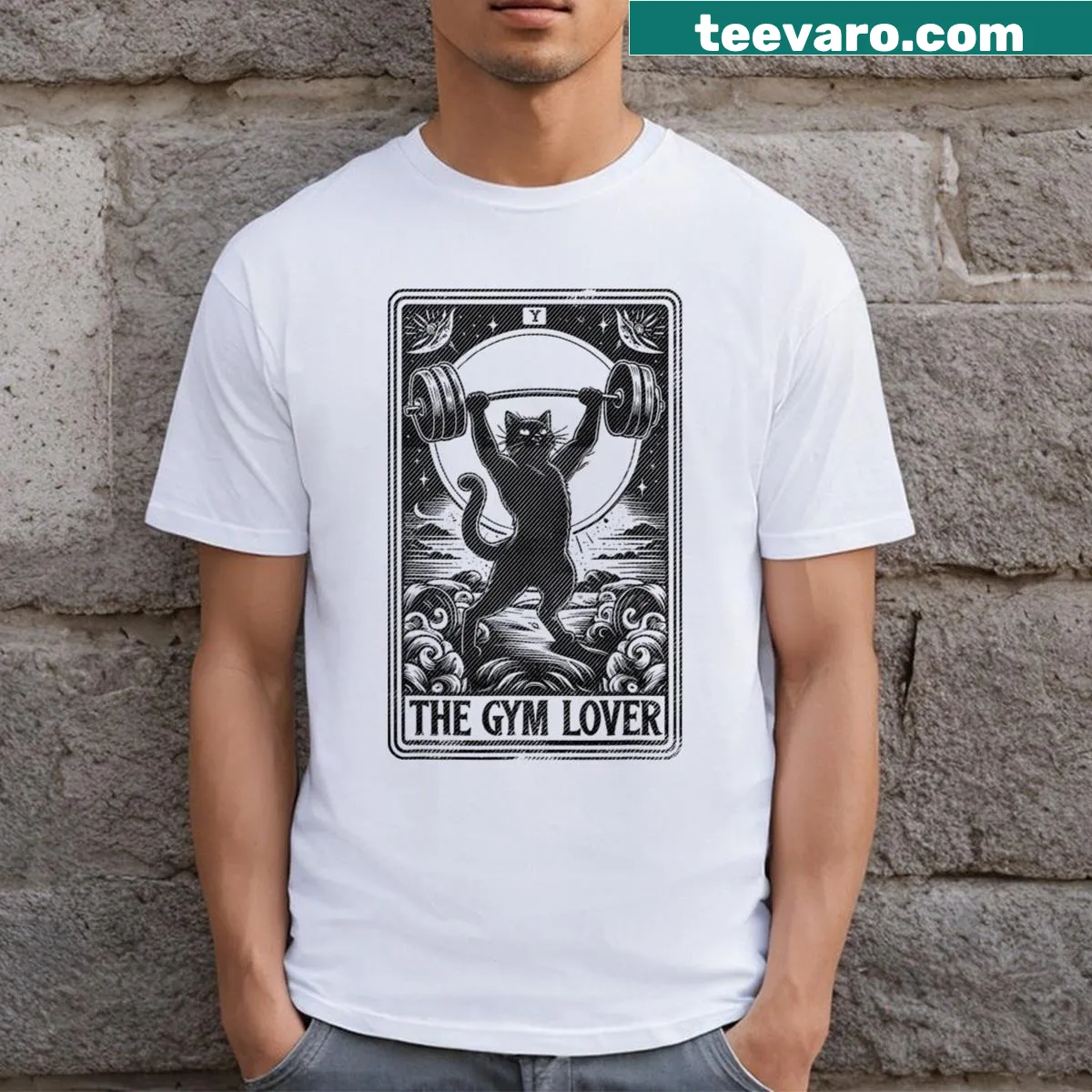 Whimsical cat tarot card design on fitness-themed t-shirt — on a men's t-shirt