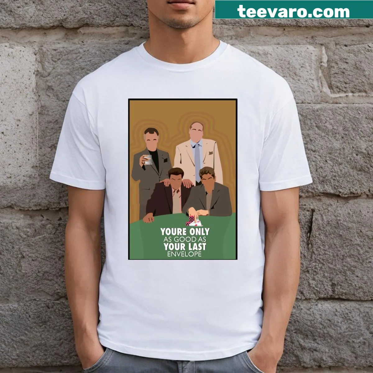 T-shirt featuring a Sopranos quote about envelopes — on a men's t-shirt