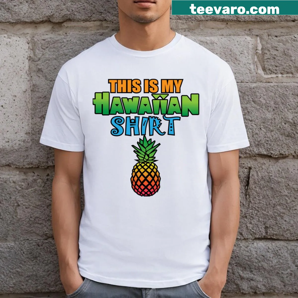 Hawaiian-themed graphic on a family T-shirt — on a men's t-shirt