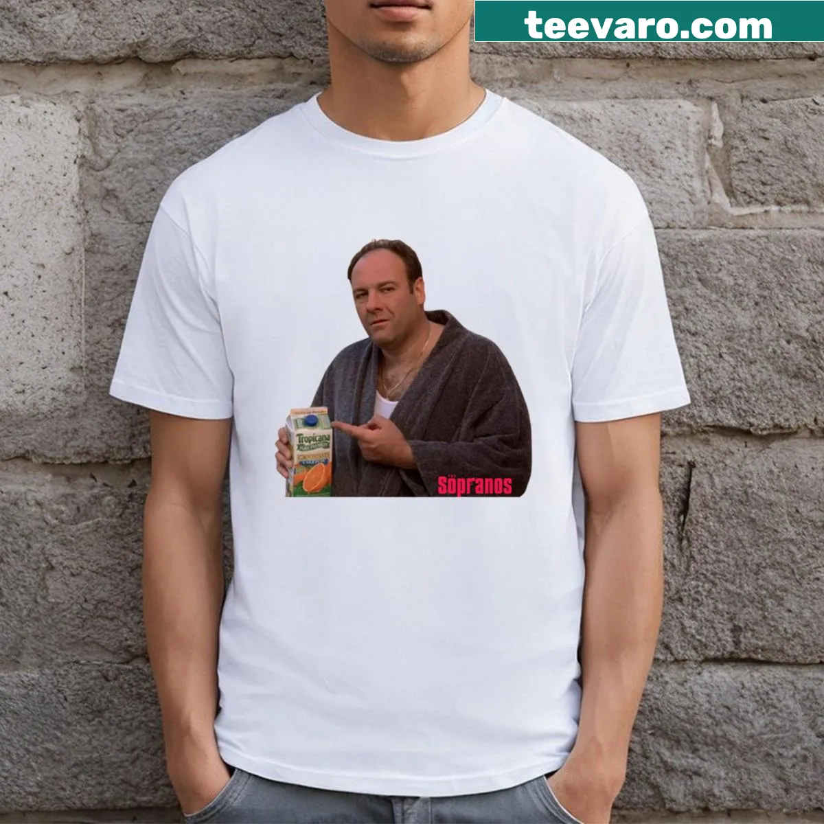 Whimsical T-shirt with Tony holding orange juice — on a men's t-shirt