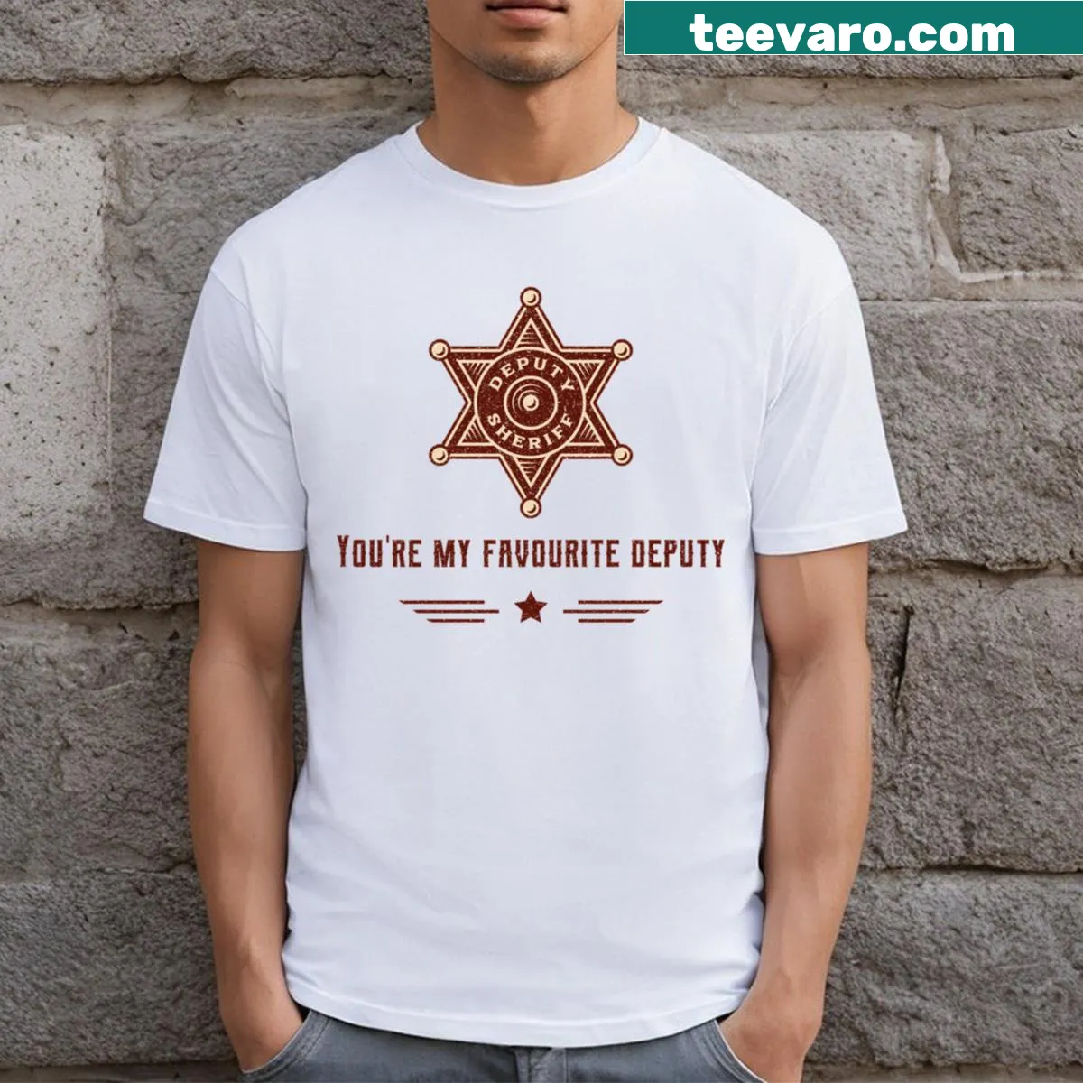 T-shirt with Toy Story Woody deputy sheriff badge design — on a men's t-shirt