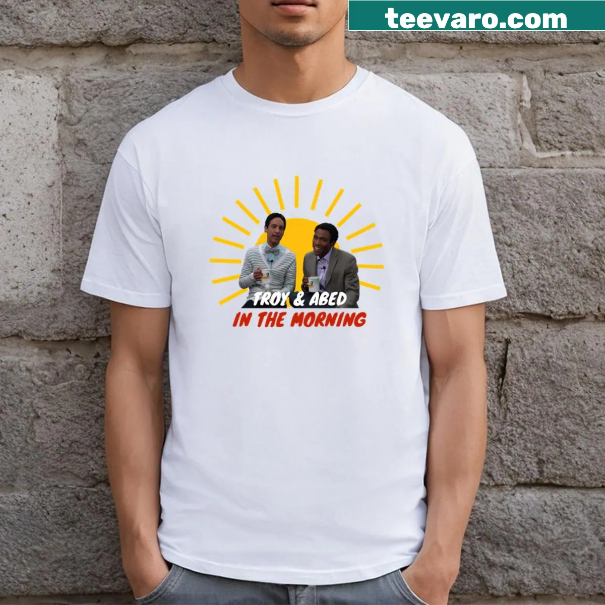 Vintage distressed T-shirt featuring 'Troy And Abed In The Morning'. — on a men's t-shirt