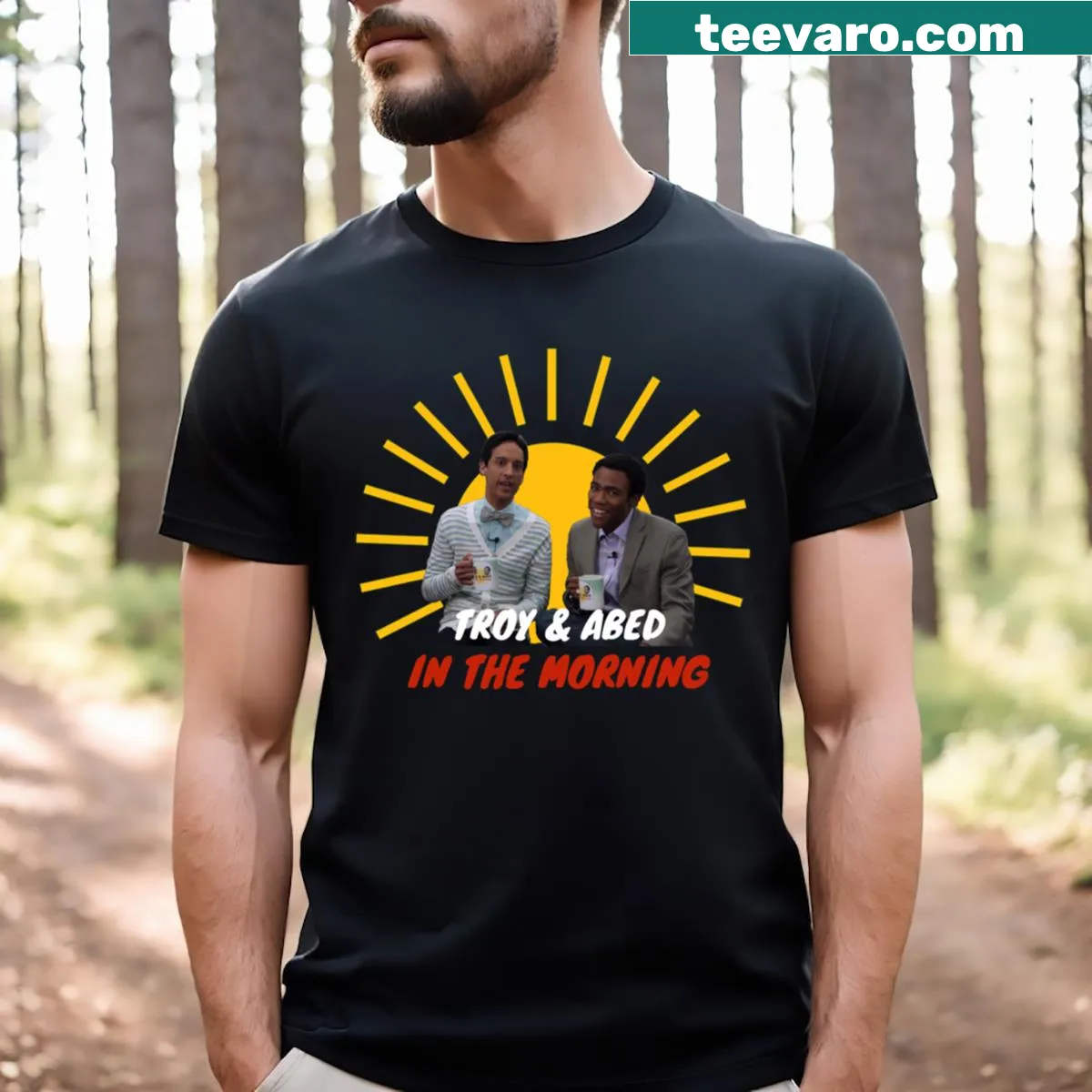 T-shirt with 'Troy And Abed In The Morning' text — on a men's t-shirt