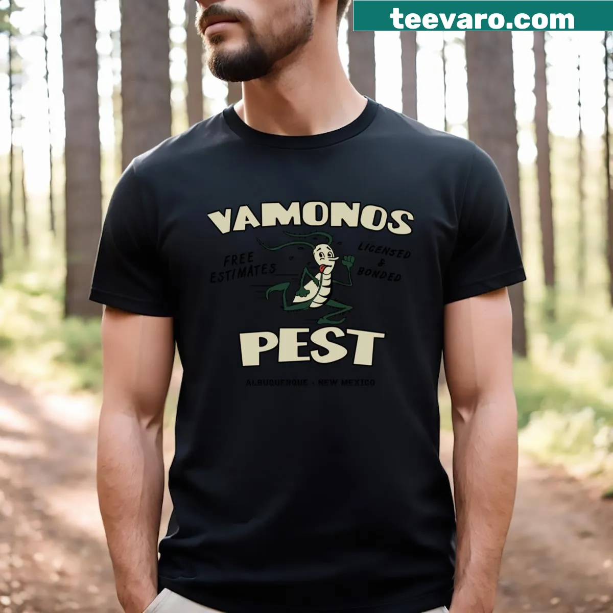 Humorous pest control themed shirt with bold text and illustrative design — on a men's t-shirt