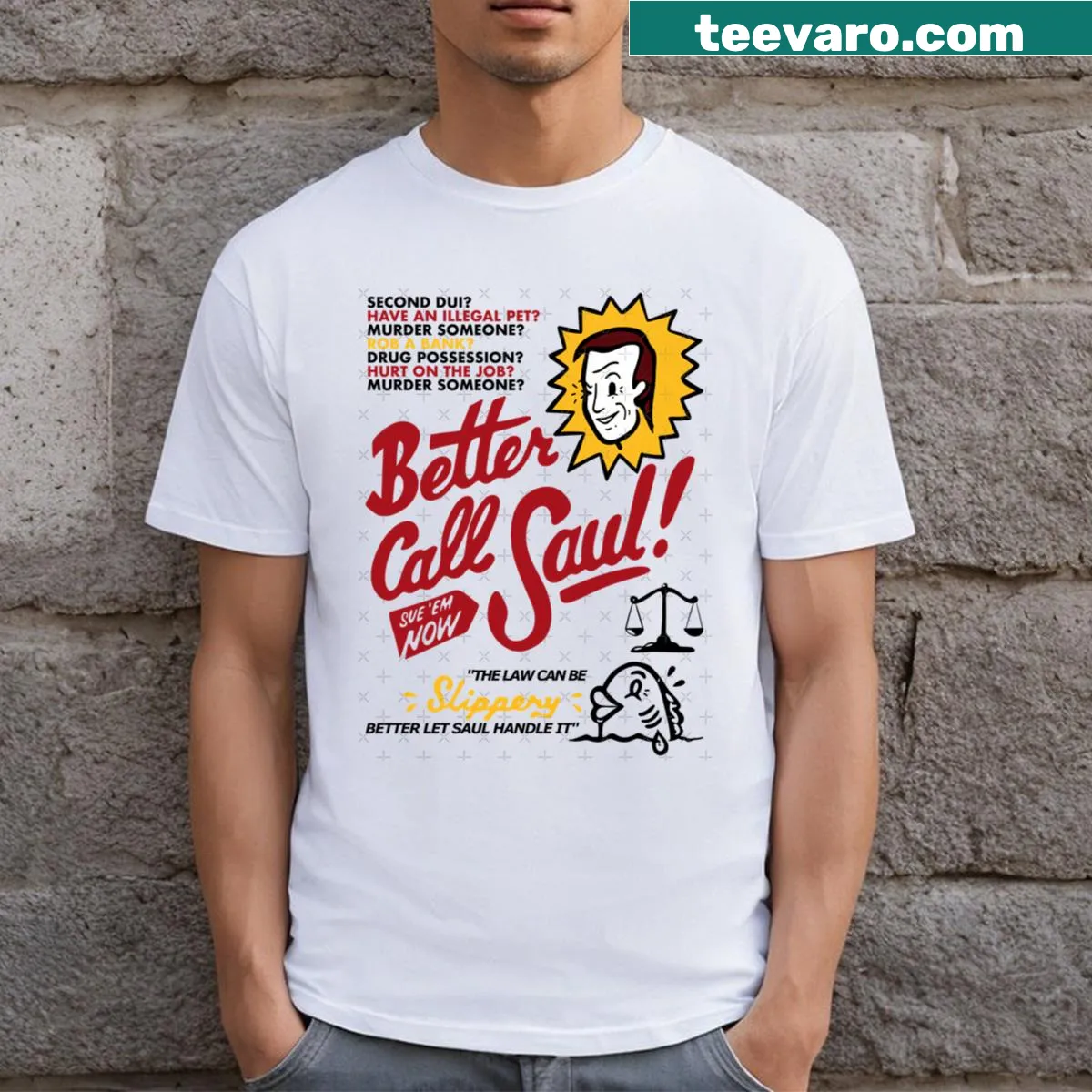 Vintage shirt featuring humorous Better Call Saul design — on a men's t-shirt