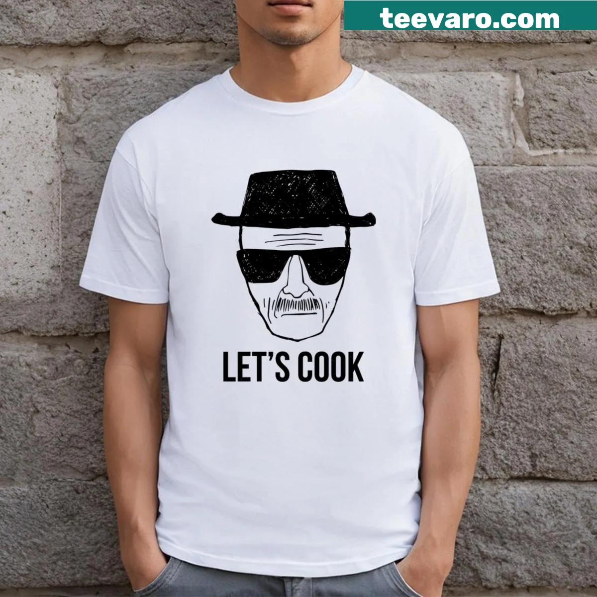 Stylish T-shirt with bold text 'Walter Let's Cook' referencing a popular film. — on a men's t-shirt
