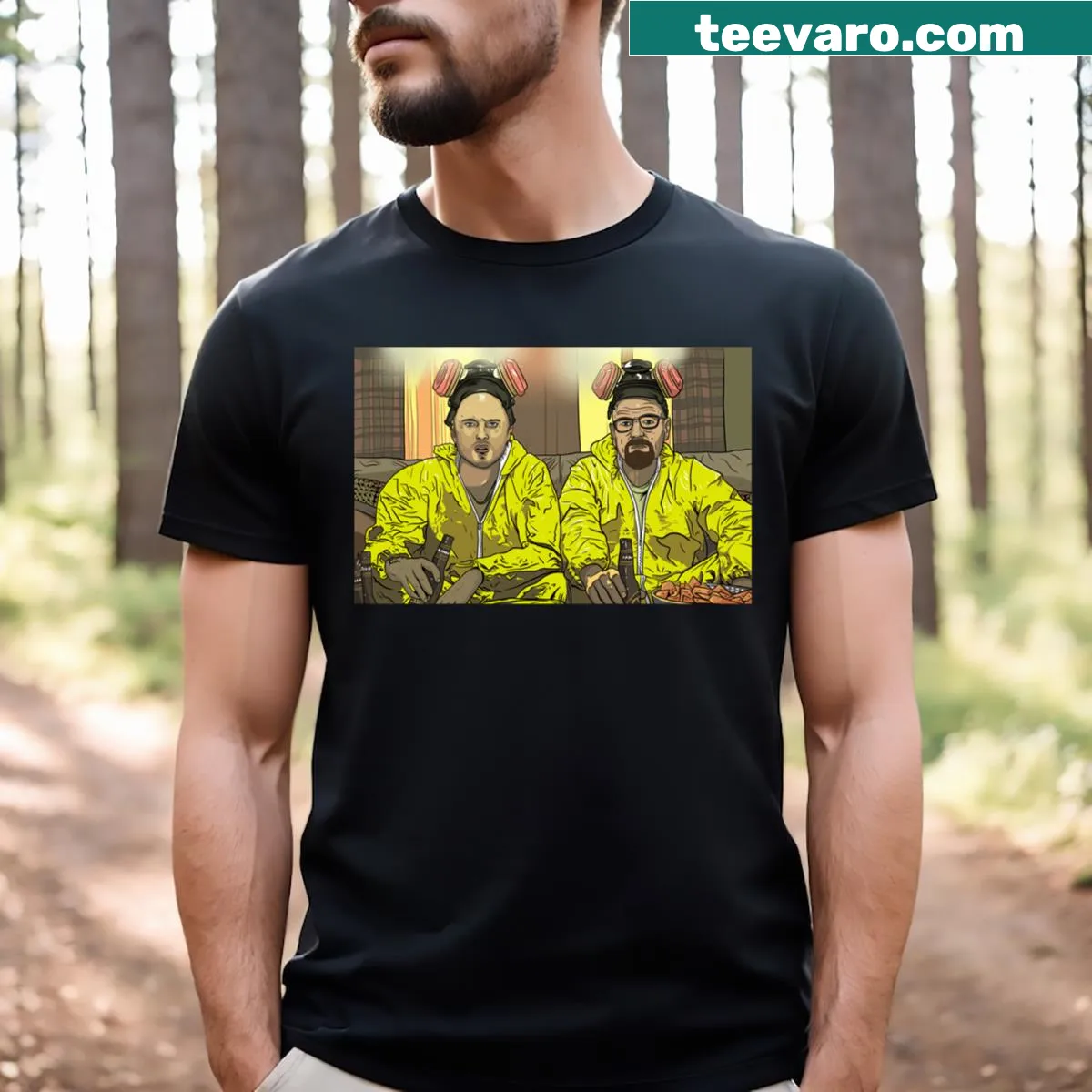 Illustrated T-shirt featuring Walter White and Jesse Pinkman from Breaking Bad. — on a men's t-shirt