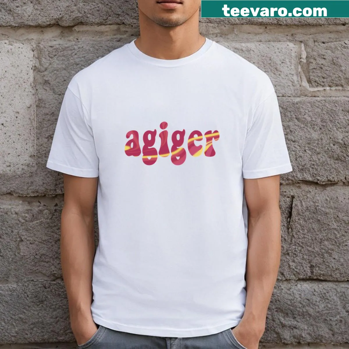 Minimalistic T-shirt featuring the word Agiger — on a men's t-shirt