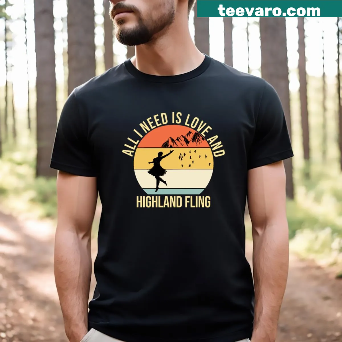 Retro design T-shirt celebrating Scottish Highland dance — on a men's t-shirt